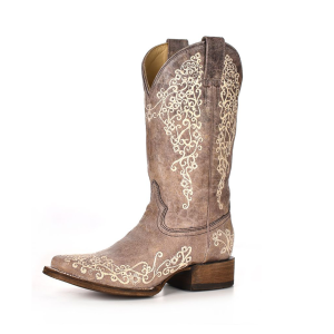 CORRAL Womens Crater Bone Embroidery Brown Square Toe Boots (A2663-LD)