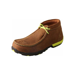 TWISTED X Mens Driving Distressed Saddle/Neon Yellow Moccasins (MDMST02)