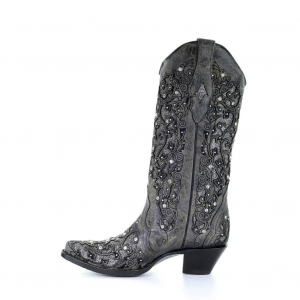 CORRAL Women's Grey Inlay Flower Embroidery Western Boots (A3672)