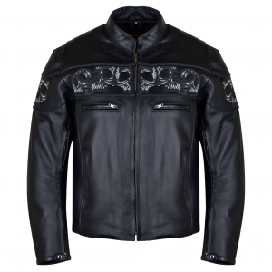 VANCE LEATHERS USA Men's Reflective Skull Premium Cowhide Leather Motorcycle Jacket (VL535)