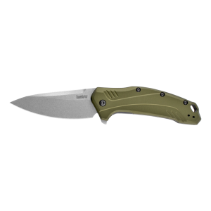Kershaw Link, 3.25" Folding Knife/Assisted, Drop Point, Plain Edge, CPM-20CV Stonewashed, Olive 6061-T6 Anodized Aluminum Handle 1776OLSW