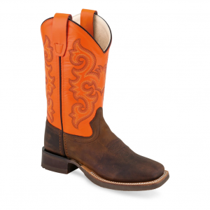 OLD WEST Youth's Broad Square Round Toe Brown and Neon Orange Boots (BSY1867)