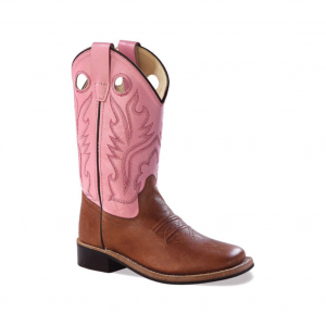 OLD WEST Children's Tan Canyon and Pink Broad Square Toe Boots (BSC1839)
