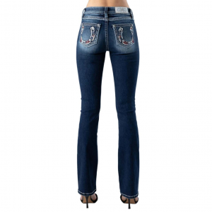 MISS ME Women's Mid-Rise American Horseshoe Embellished Bootcut Dark Blue Jeans (M3998B)