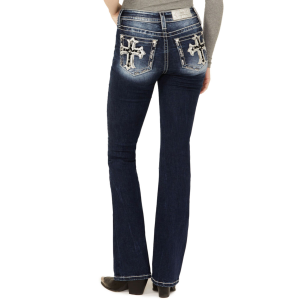 MISS ME Women's Silver Cross Dark Blue Mid-Rise Bootcut Jeans (M9229B) - Miss Me