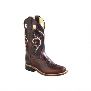 OLD WEST Youth Broad Square Toe Brown/Dark Brown Cowboy Boots (BSY1807)