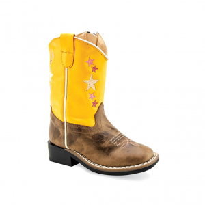 OLD WEST Toddler's Broad Square Toe Cactus Brown/Yellow Cowboy Boots (BSI1962)