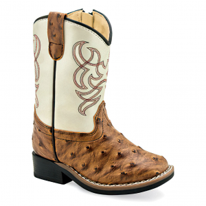 OLD WEST Toddler's All Over Leatherette Material Broad Square Toe Brown Ostrich Print Foot/White Shaft Boots (VB1074)