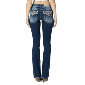 MISS ME Women's Magenta Embroidered Quilt Mid-Rise Dark Blue Bootcut Jeans (M9185B) - Miss Me