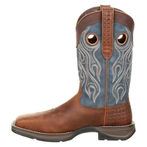 DURANGO Men's Rebel 12in Dark Brown/Blue Denim Pull-On Western Steel Toe Boots (DDB0134) - Durango