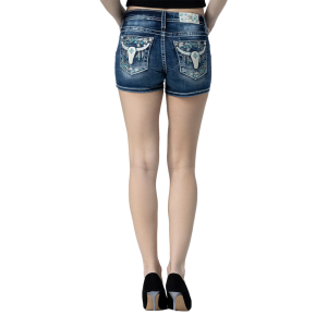MISS ME Women's Dreamy Longhorn Blue Mid-Rise Jean Shorts with Embellished Pockets (M9275H) - Miss Me