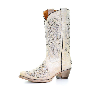 CORRAL Girl's White Glitter Inlay Snip Toe Cowboy Boots (T0021)