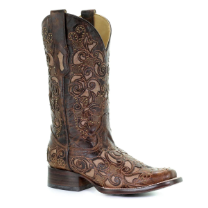 CORRAL Women's Brown Inlay & Studs Embroidery Square Toe Boots (A3326-LD)
