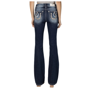 MISS ME Women's Mid Rise Double Horseshoe Embellished Dark Blue Bootcut Jeans (M3975B)