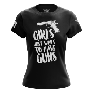 WE THE PEOPLE HOLSTERS Women's Girls Just Want To Have Guns Black/White Short Sleeve Shirt (CREWF-K_0010-W-FL) - We The People Holsters