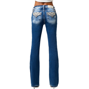 MISS ME Women's Brockman Bohemian Faux Flap Pockets Dark Blue Mid-Rise Bootcut Jeans (M9347BL) - Miss Me