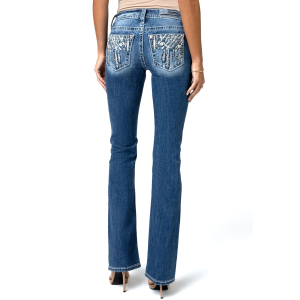 MISS ME Women's Wynter Dream Bohemian Star Dreamcatcher Dark Blue Mid-Rise Bootcut Jeans (M9355BV)