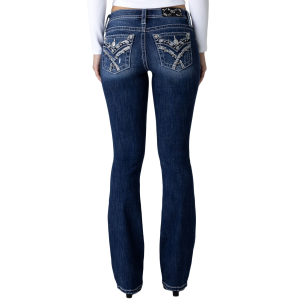 MISS ME Women's Crissy Skye Cross Paisley Faux Flap Pocket Dark Blue Mid-Rise Bootcut Jeans (M3444B120V) - Miss Me
