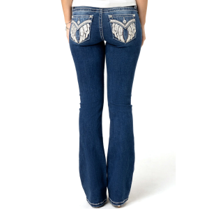 MISS ME Women's Diamond Angel Golden V Wings Faux Flap Pockets Dark Blue Mid-Rise Bootcut Jeans (M5082B171V)