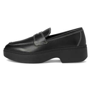 FITFLOP F-Luma Black Contrast-Stitch Leather Demi-Wedge Loafers (IM9-001)