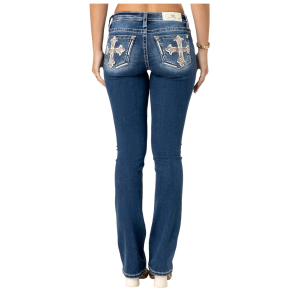 MISS ME Women's Warm Boho Cross Dark Blue Mid-Rise Bootcut Jeans (M9352SBL) - Miss Me