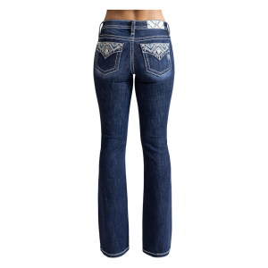 MISS ME Womens Embroidered Western Faux Flap Pocket 32L Mid-Rise Dark Blue Bootcut Jeans (M9373BV) - Miss Me