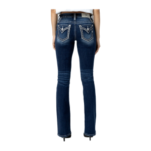 MISS ME Womens Nora Stitched Saddle Faux Flap Pocket 34L Mid-Rise Medium Blue Bootcut Jeans (M5014B407L) - Miss Me