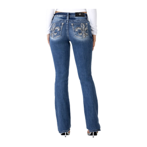MISS ME Womens Georgie Fleur De Lis 32L Mid-Rise Dark Blue Bootcut Jeans (M9371BV) - Miss Me