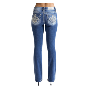 Miss Me MISS ME Womens Fleur De Lis Stars 32L Mid-Rise Medium Blue Bootcut Jeans (M9354BV) - $91.99 at gritroutdoors.com