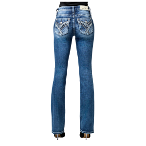 MISS ME Women's Crissy Alyx Winter Lace Faux Flap Pocket Medium Blue Mid-Rise Bootcut Jeans (M3444B125V) - Miss Me