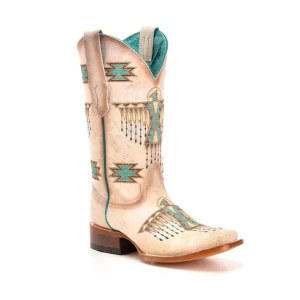 CORRAL Women's White-Turquoise Embroidery Square Toe Western Boots (Z5219)