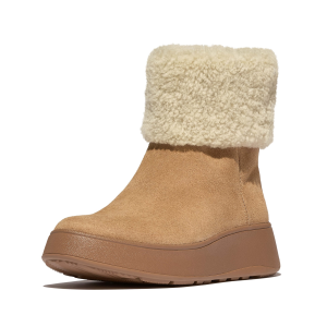 FITFLOP Women's F-Mode Shearling-Collar Desert Tan Zip-Up Suede Ankle Boots (E2D-A69)