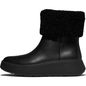 FITFLOP F-Mode Shearling-Collar Zip-Up All Black Leather Ankle Boots (E2C-090)