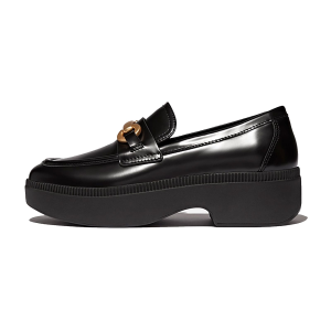 FITFLOP Women's F-Luma Chunky-Snaffle Black Box-Leather Demi-Wedge Loafers (HY3-001)