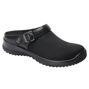 DREW Women's Savannah Black Leather/ Black Stretch Clogs (17100-99)