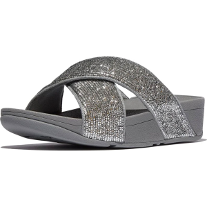 FITFLOP Lulu Crinkled-Shimmer Cross Metallic Black Slides (E6K-565)