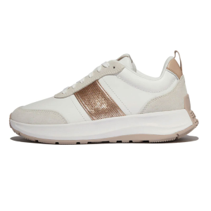 FITFLOP Women's F-Mode Flow Sequin Urban White/Classic Beige Suede/Leather Flatform Sneakers (E1Z-B44)