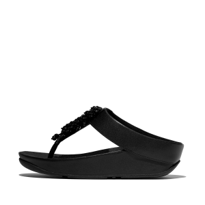 FITFLOP Women's Rumba Beaded All Black Toe-Post Sandals (B5R-090)