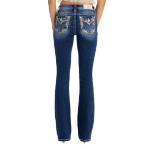MISS ME Women's Cheyenne Border Dark Blue Mid-Rise Faux Flap Pockets Bootcut Jeans (M9529B)