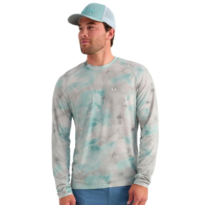 HUK Men's Watershed Printed Mineral Blue LS Crew Shirt (H1200733-393)