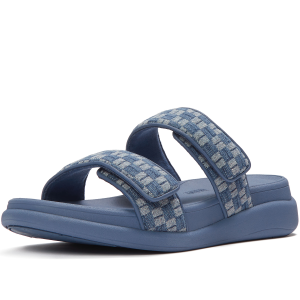 FITFLOP Women's F-Mode Go Adjustable Checkerboard-Denim Two-Bar Slides (A1I)