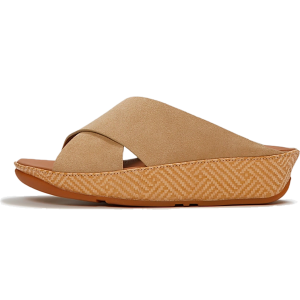 FITFLOP Lulu Lux Graphic-Weave Suede Cross Cappuccino Slides (A4R-923)
