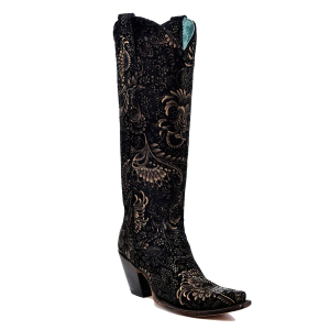Corral CORRAL Women's Gold Stamped Floral Black Suede Snip Toe Cowboy Boots (A4481) - $248.00 at gritroutdoors.com