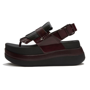 FITFLOP Women's F-Mode Stack Leather Black/Dark Merlot Toe-Post Sandals (ADL-E72)