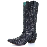 CORRAL Women's Black Glitter Inlay and Studs Snip Toe Western Boot (C3423)