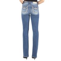 MISS ME Women's Gold Floral Stitch Border Mid-Rise Medium Blue Bootcut Jeans (M9235B)