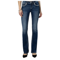 MISS ME Women's Hint of Blue Mid Rise Dark Blue Bootcut Jeans with Faux Flap Pockets (M9252B)
