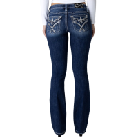 MISS ME Women's Crissy Skye Cross Paisley Faux Flap Pocket Dark Blue Mid-Rise Bootcut Jeans (M3444B120V)