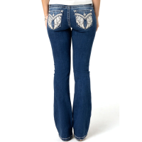 MISS ME Women's Diamond Angel Golden V Wings Faux Flap Pockets Dark Blue Mid-Rise Bootcut Jeans (M5082B171V)