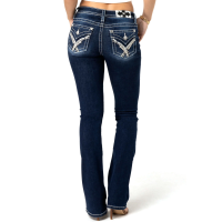 MISS ME Women's Crissy Silver Cross Beaded Faux Flap Pockets Dark Blue Mid-Rise Bootcut Jeans (M3444B119V)